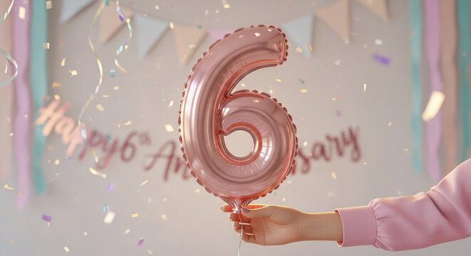 Celebrate a sixth milestone with this festive number six balloon, perfect for birthdays, anniversaries, and other special occasions with confetti!