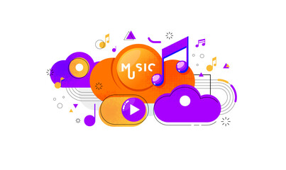 Digital Music Cloud Streaming. abstract flat vector design featuring stylized clouds in purple and orange, a play button, and musical notes. Represents accessible online music, rhyth. Music Event.