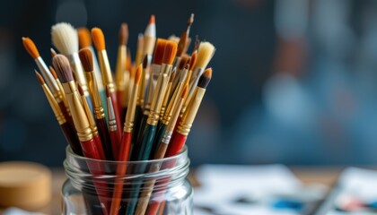 A collection of paintbrushes in a jar, ready for artistic projects.