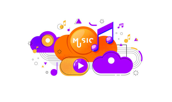 Digital Music Cloud Streaming. abstract flat vector design featuring stylized clouds in purple and orange, a play button, and musical notes. Represents accessible online music, rhyth. Music Event.