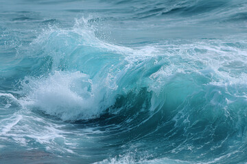 Fototapeta premium A beautiful powerful blue ocean wave crests and breaks with white foam and splashing water showing the dynamic movement of the sea nature's force in motion
