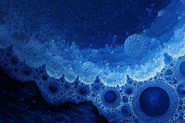 Abstract blue fractal artwork displaying intricate layered textures and glowing organic forms reminiscent of deep-sea life or a microscopic alien world