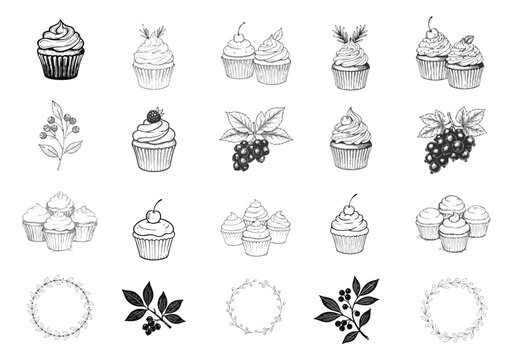 Vintage Engraving Style Bakery and Floral Element Bundle