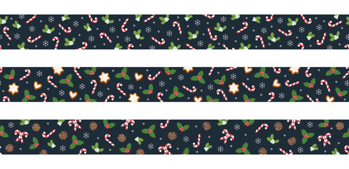 Vector Christmas seamless horizontal border set. Festive background with candy canes, mistletoe, snow, and gingerbread cookies.