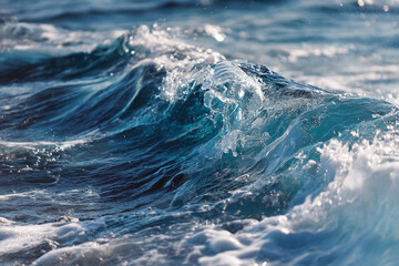 Fototapeta premium A close-up view of a powerful ocean wave cresting with beautiful blue water and white foam under natural sunlight