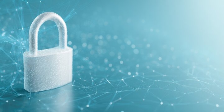 Textured padlock floating atop connected blue dots, soft, secure, digital
