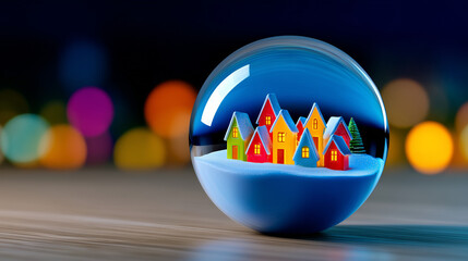 Beautiful Glass Snow Globe Floating Mid-Air with Illuminated Christmas Village