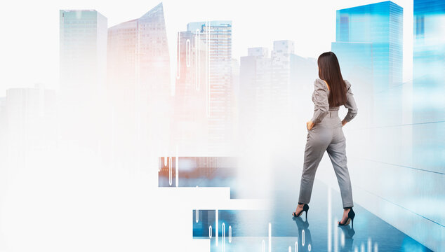 Confident woman in business attire stands in modern cityscape with digital elements overlay, symbolizing future vision, corporate ambition, and innovation concept - Powered by Adobe