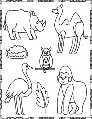 Wild Animal Friends Coloring Page For Kids And Adults. Rhino, Camel, Owl, And More.