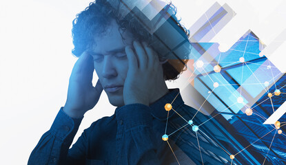Worried man holds head in distress, overlaid with abstract blue geometric shapes and connected nodes on white background, concept of mental stress