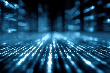 Binary code streams into blurred cityscape, bathed in a cool blue light