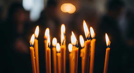 Many lit candles burning brightly in a dark religious setting