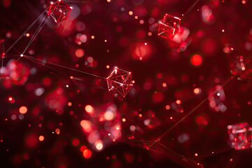 Abstract red glowing cubes and lines with bokeh lights, creating a network effect