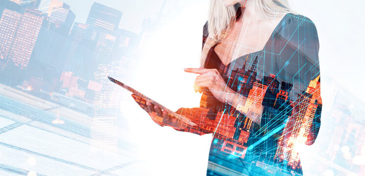Woman using tablet with futuristic cityscape and data graphics overlay, double exposure style on bright white background, concept of digital business