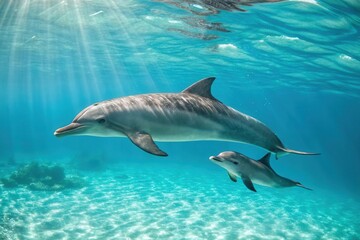 Fototapeta premium A mother dolphin swimming with her baby calf in clear tropical waters