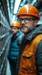 Two skilled industrial workers wearing orange hard hats and safety glasses stand in a long technical corridor. The front worker looks directly.