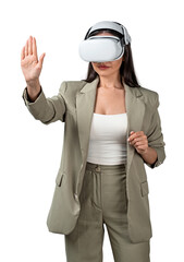 Woman in beige suit wearing VR headset, hand raised as if touching virtual interface, realistic style on white background, concept of digital interaction