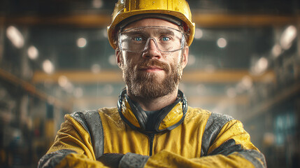 Confident worker in yellow protective gear in factory environment