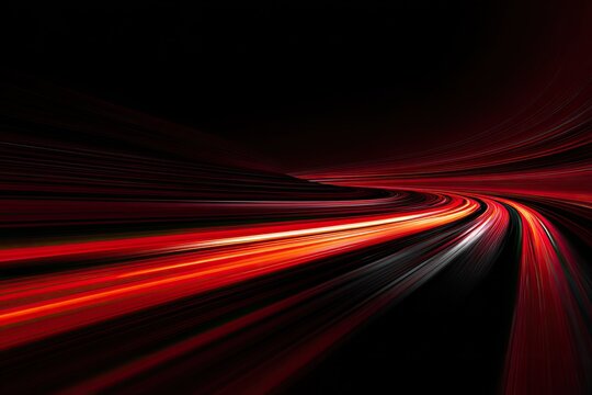 A curving, abstract composition with streaks of bright red and white light against a black background - Powered by Adobe