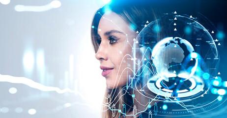 Profile of a woman integrated with digital graphics of Earth, data charts and network symbols on a blue abstract background, concept of technology and people