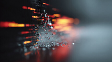 Abstract data screen dissolving into shards. Represents digital disruption, security breach, or innovation. Ideal for tech, finance, or future concepts.