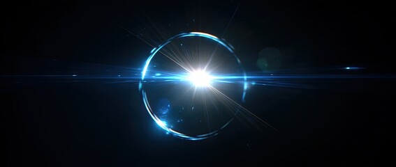 Radiant orb with circular blue outline on a dark backdrop, lens flares abound
