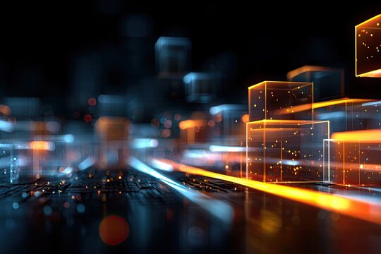 Abstract depiction of interconnected glowing blocks and light trails against a dark background - Powered by Adobe