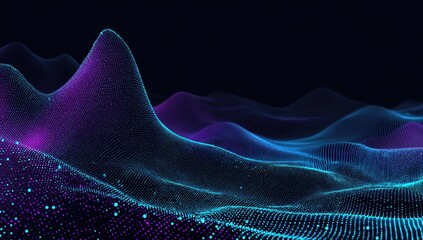 Abstract landscape of vibrant, dotted, neon-lit, glowing hills