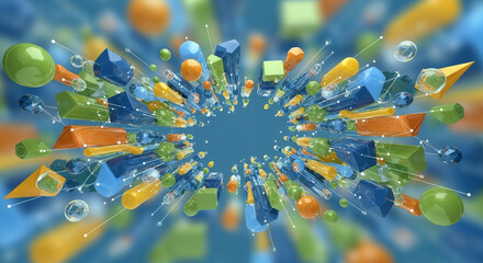 Dynamic colorful geometric shapes create vibrant abstract background for modern designs, presentations, or technology innovation concepts with a creative flair