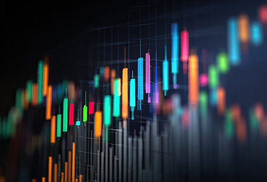 Colorful stock market chart with vertical bar indicators on a dark backdrop - Powered by Adobe