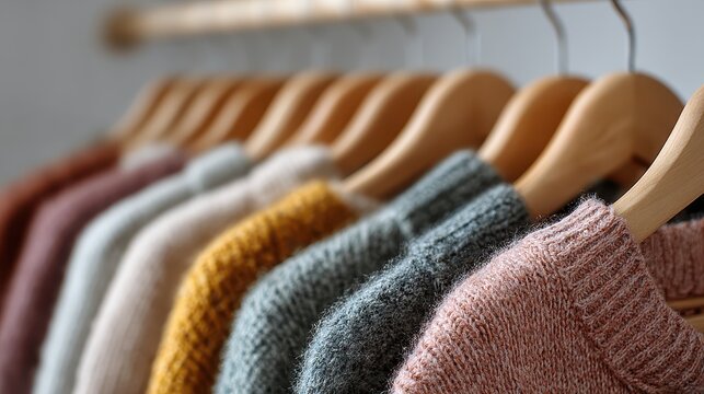 Sweaters hang in a row on wooden hangers, close up shot. Perfect for fashion blogs or selling knitwear online.