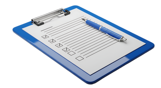 A blue clipboard with a checklist and a blue pen resting on top of the paper on a black background
