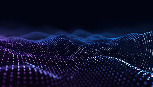 Dotted abstract landscape with purple and blue waves against a dark background