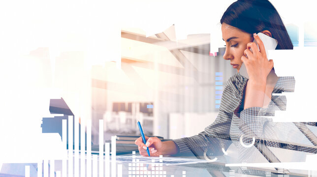 Professional woman on phone while writing at desk, with digital data graphics overlay, modern concept, on light background, representing multitasking - Powered by Adobe