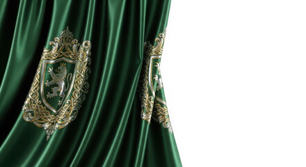 Regal emerald green satin curtain with ornate heraldic emblem isolated on transparent background