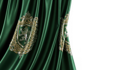 Regal emerald green satin curtain with ornate heraldic emblem isolated on transparent background