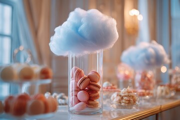 Pink macarons sit in a vase topped with blue cotton candy on dessert table. Use for a fun, whimsical image about parties or unique dessert ideas.