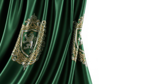 Regal emerald green satin curtain with ornate heraldic emblem isolated on transparent background