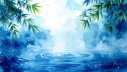 青緑の笹と水面の波紋を描いた水彩画