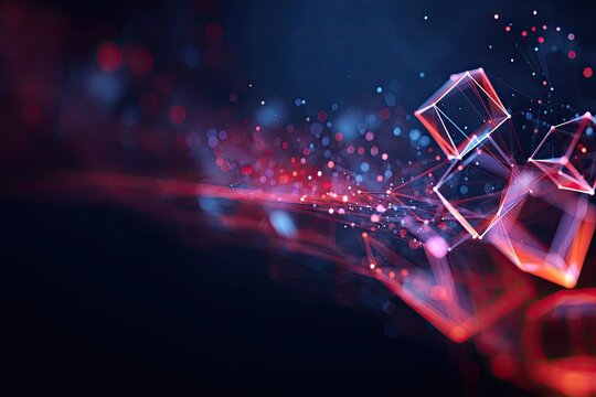 Abstract digital art depicting interconnected cubes and networks with a dynamic, blurred background