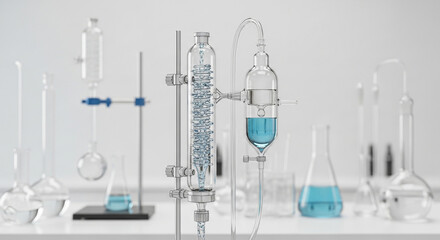 Modern lab equipment conducting experiment with clear glassware and blue liquid, perfect for scientific research and pharmaceutical development promotions