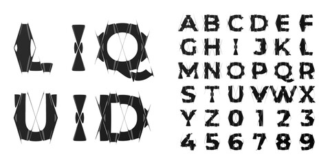 Abstract distorted alphabet with liquid glass refraction. Futuristic warped letters and numbers for posters, covers, branding, and creative layouts.