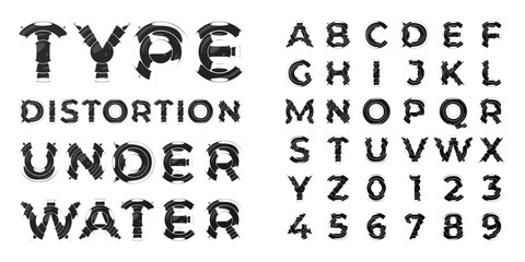 Experimental distorted font with fluid glass refraction, featuring abstract letters and numbers for creative posters, branding concepts, editorial layouts, and modern visual design.