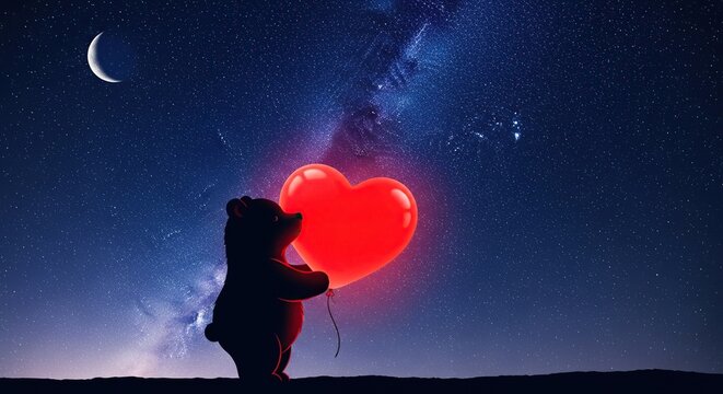 Bear holds red heart balloon under the starry night.