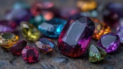 Macro shot of colorful, faceted gemstones scattered on a textured surface. Ideal for jewelry, luxury, or geological science presentations.