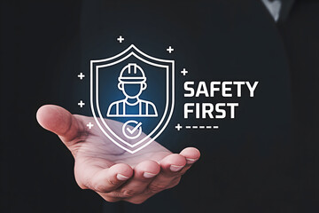 Safety first concept for construction industry worker protection and workplace hazard prevention banner design