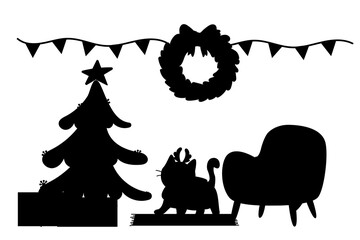 Silhouette christmas living room with tree wreath chair, cat, gifts