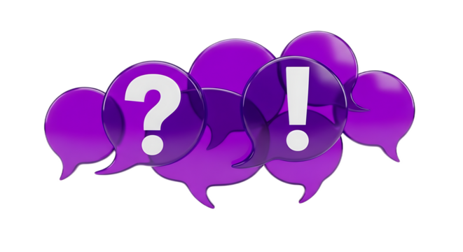 Purple speech bubbles with question mark and exclamation point on a black background design render