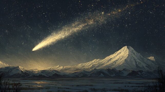 Spectacular night sky with a bright comet above snowy mountain range