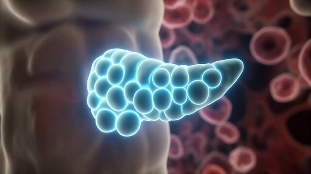 Pancreas, a Luminous Blue Cellular Structure, Illustrated in a Detailed Microscopic View of the Human Body, Surrounded by Other Biological Cells.
